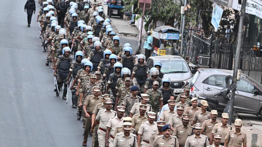 Coimbatore City Police conduct flag march ahead of vote counting