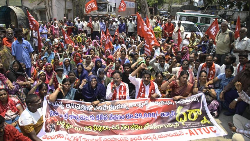 Telangana hospital contract workers stage protest in Hyderabad, demand ₹26,000 minimum wage